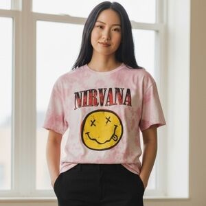 NIRVANA Pink Tie-Dye Short Sleeve Tee with Yellow Smiley Size L